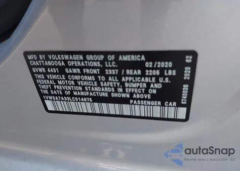 2020 Volkswagen Passat 2.0T Se z USA, uszkodzony, nr VIN 1VWSA7A33LC014675